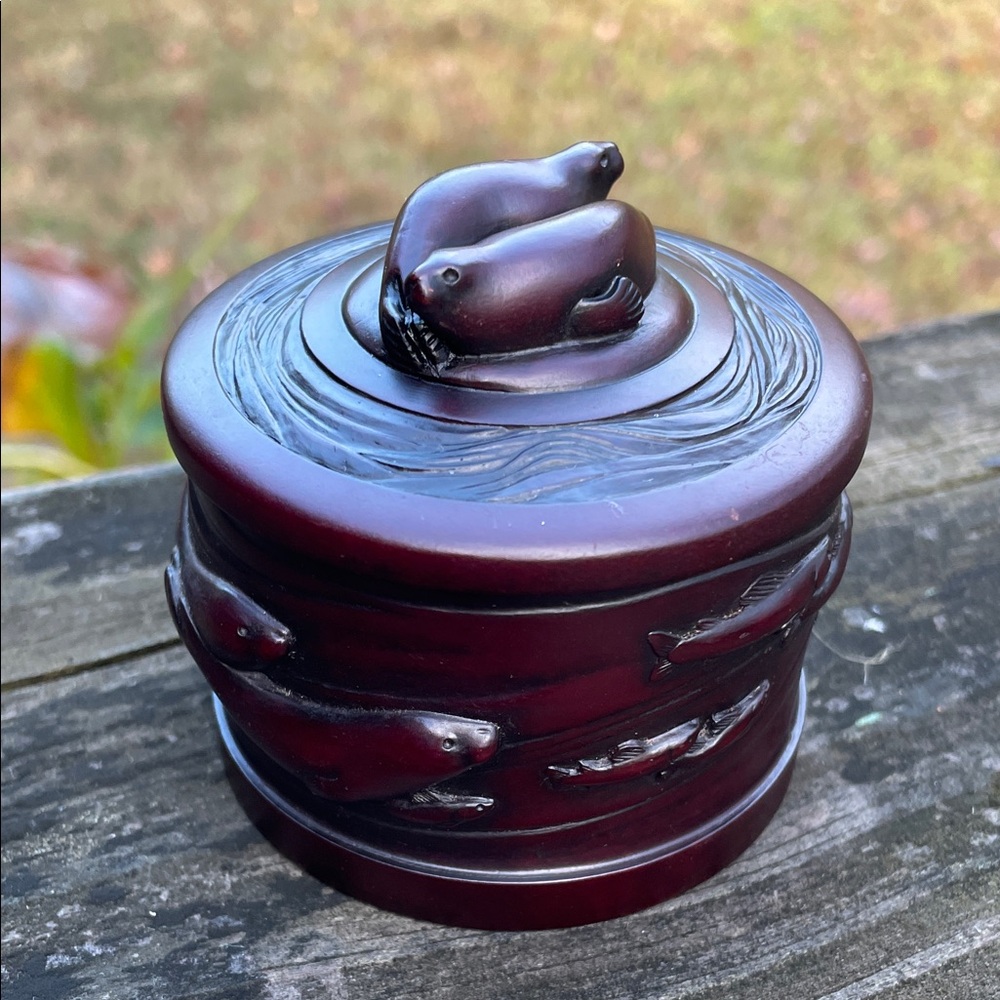 BOMA carved resin seals and fish trinket or ring box. Made in Canada
